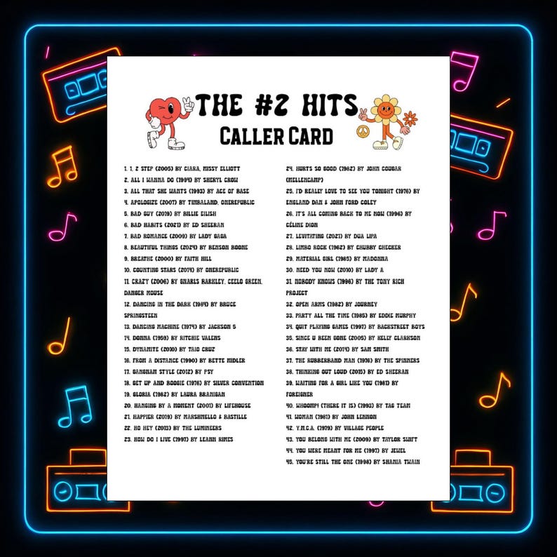 Pu&ograve; includere: Una scheda chiamante a tema retr&ograve; con il testo "The #2 Hits". La scheda presenta un elenco di canzoni popolari, con un cuore e un fiore. Lo sfondo &egrave; nero con note musicali al neon e illustrazioni di musicassette.