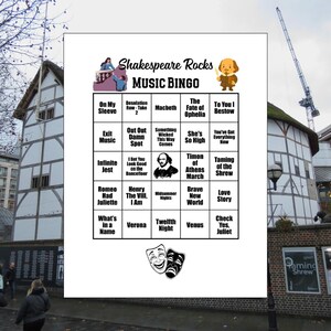 May include: A white "Shakespeare Rocks Music Bingo" game board with various Shakespeare-themed song titles. The board features a grid layout with titles like "Macbeth" and "Romeo Had Juliette". The background shows a building and a crane.
