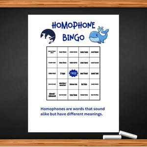 May include: A printable homophone bingo card featuring a blue whale and a knight illustration. The card has a free space and words such as "son/sun", "not/knot", "I/eye", "to/too/two", and "allowed". Homophones are words that sound alike but have different meanings.