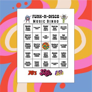 Funk-n-Disco Music Bingo, Spotify® Playlist, 60 Song Cards, 30 Bingo Cards, Musical Bingo Game for Party or Game Night, 70s & 80s Songs