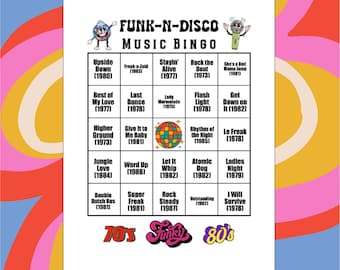 Funk-n-Disco Music Bingo, Spotify® Playlist, 60 Songs, 30 Cards