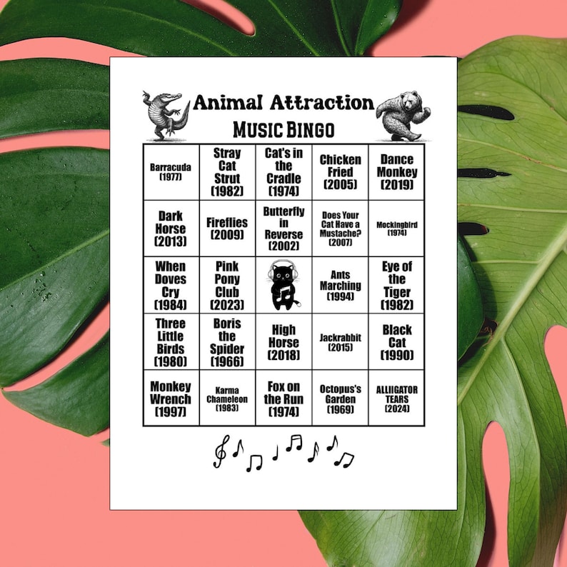 K&ouml;nnte beinhalten: Eine wei&szlig;e Bingo-Karte mit dem Titel "Animal Attraction Music Bingo" mit Tierillustrationen und Songtiteln. Die Karte zeigt eine Vielzahl von Tieren und Songtiteln, darunter "Barracuda" und "Monkey Wrench". Die Karte ist von gr&uuml;nen Bl&auml;ttern umgeben.