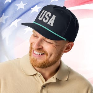USA Embroidered Snapback Rope Hat in Four Color Combos, Adjustable Rope Hat, Patriotic Hat, Golf Hat Gift, USA Snapback Hats, Free Shipping