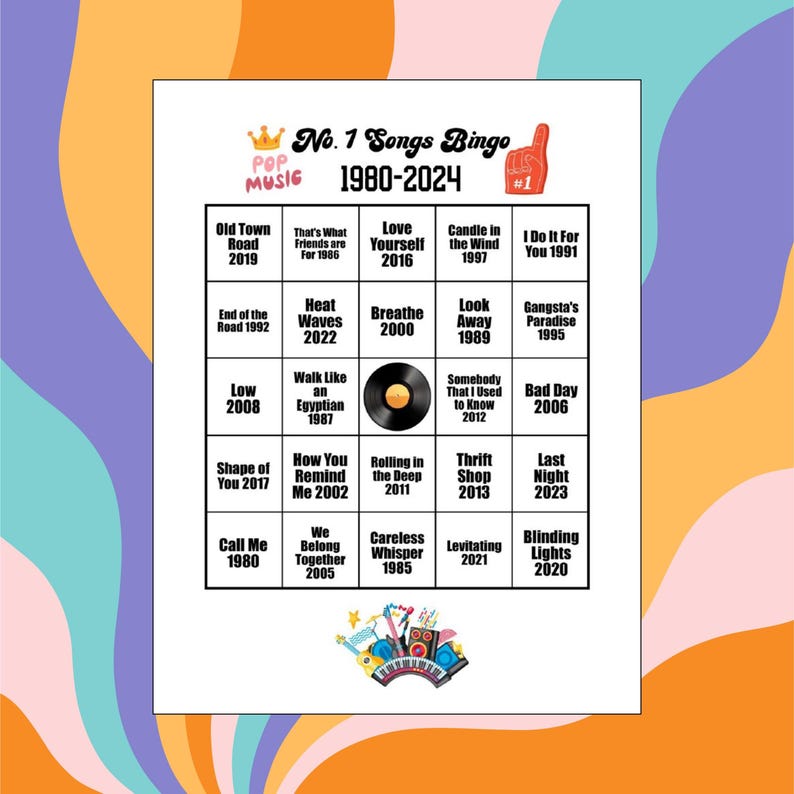 May include: A colorful bingo card featuring the text "No. 1 Songs Bingo 1980-2024" with a list of popular song titles and years. The design includes a musical theme with a crown, a foam finger, and musical instruments.