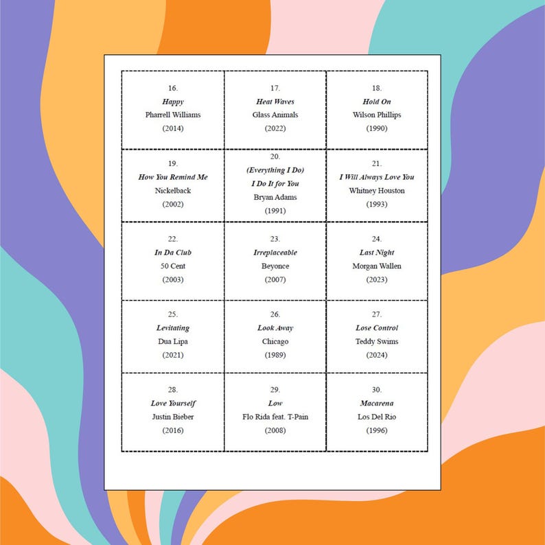 May include: A white grid with song titles and artist names, including "Happy" by Pharrell Williams, "Heat Waves" by Glass Animals, and "Hold On" by Wilson Phillips. The grid is set against a colorful, abstract background.