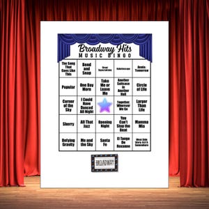 May include: A Broadway Hits Music Bingo game card with a blue and white design. The card features a grid of song titles from various Broadway musicals, including "Mamma Mia" and "Defying Gravity". The word "Broadway" is at the top.