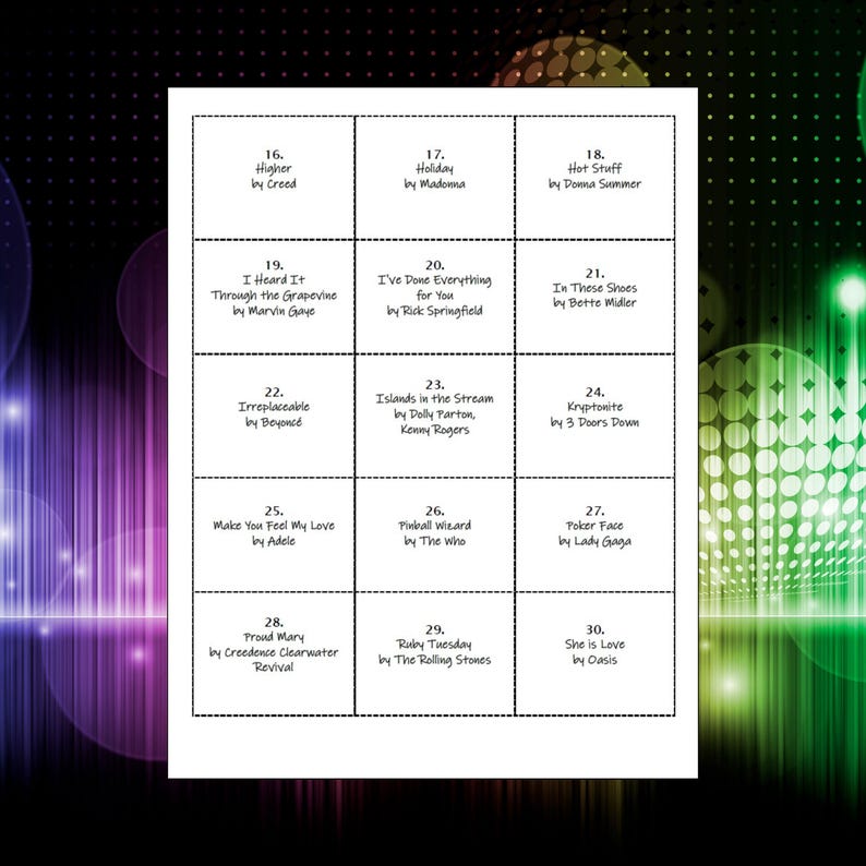 May include: A white rectangular sheet featuring a grid of fifteen black-bordered squares, each containing a numbered song title and artist name, ranging from 16 to 30, including tracks by Creed, Madonna, Donna Summer, Marvin Gaye, and others.