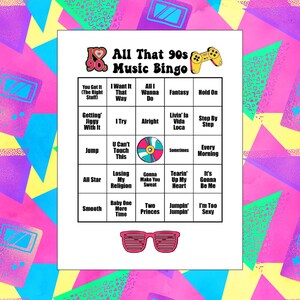 May include: A printable 90s music bingo card with a black and white design. The card features a list of popular 90s songs, including "You Got It (The Right Stuff)", "I Want It That Way", "All I Wanna Do", "Fantasy", "Hold On", "Getting' Jiggy With It", "I Try", "Alright", "Livin' la Vida Loca", "Step By Step", "Jump", "U Can't Touch This", "Sometimes", "Every Morning", "All Star", "Losing My Religion", "Gonna Make You Sweat", "Tearin' Up My Heart", "It's Gonna Be Me", "Smooth", "Baby One More Time", "Two Princes", "Jumpin' Jumpin'", and "I'm Too Sexy".