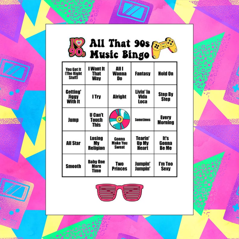 May include: A printable 90s music bingo card with a black and white design. The card features a list of popular 90s songs, including "You Got It (The Right Stuff)", "I Want It That Way", "All I Wanna Do", "Fantasy", "Hold On", "Getting' Jiggy With It", "I Try", "Alright", "Livin' la Vida Loca", "Step By Step", "Jump", "U Can't Touch This", "Sometimes", "Every Morning", "All Star", "Losing My Religion", "Gonna Make You Sweat", "Tearin' Up My Heart", "It's Gonna Be Me", "Smooth", "Baby One More Time", "Two Princes", "Jumpin' Jumpin'", and "I'm Too Sexy".