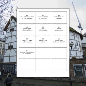 May include: A white sheet with black text featuring song titles and artists, including "Titus Andronicus Forever," "Venus," and "Witches' Song." The sheet is displayed in front of a building with a timber-framed facade.