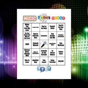 May include: A Music Trivia Bingo game card featuring a grid of song titles including Make You Feel My Love, Stayin' Alive, and Poker Face. The header reads Music Trivia Bingo with a microphone icon in the center and question mark bubbles below.