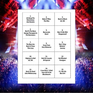 Puede incluir: Una cuadr&iacute;cula blanca con 15 t&iacute;tulos de canciones y artistas, incluyendo "Barracuda" de Heart y "Hurts So Good" de John Mellencamp. La imagen tiene un tema de concierto con una multitud y luces de escenario.