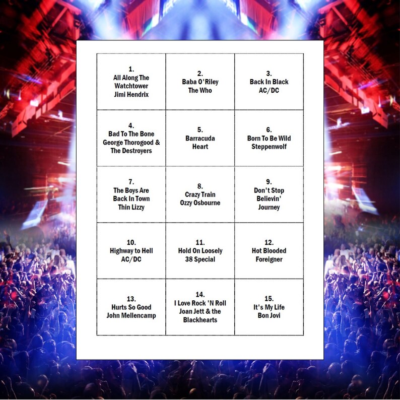 Puede incluir: Una cuadr&iacute;cula blanca con 15 t&iacute;tulos de canciones y artistas, incluyendo "Barracuda" de Heart y "Hurts So Good" de John Mellencamp. La imagen tiene un tema de concierto con una multitud y luces de escenario.