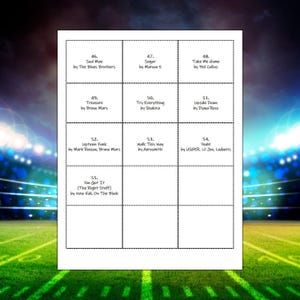 May include: A white sheet with a grid of song titles and artists, including "Soul Man" by The Blues Brothers, "Sugar" by Maroon 5, and "Take Me Home" by Phil Collins. The background is a blurred image of a football field.
