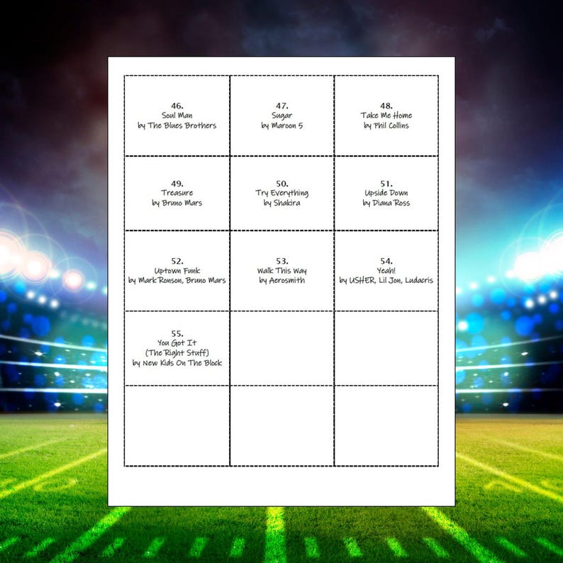 May include: A white sheet with a grid of song titles and artists, including "Soul Man" by The Blues Brothers, "Sugar" by Maroon 5, and "Take Me Home" by Phil Collins. The background is a blurred image of a football field.