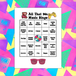 May include: A printable bingo card with a 90s theme. The card features a heart with the number 90 inside, a game controller, and a list of 90s music songs in a 5x5 grid.