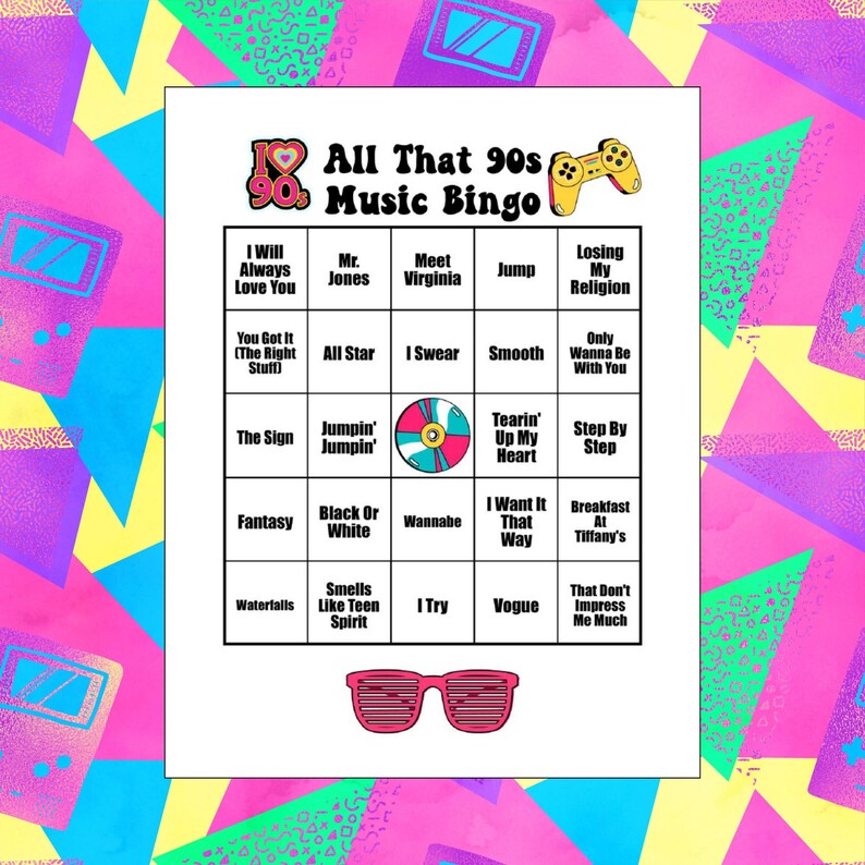 May include: A printable bingo card with a 90s theme. The card features a heart with the number 90 inside, a game controller, and a list of 90s music songs in a 5x5 grid.