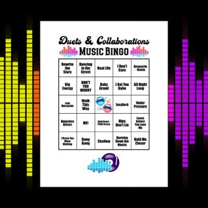 Duets & Collaborations Music Bingo, Spotify® Playlist, 60 Song Cards, 30 Bingo Cards, Printable, Musical Bingo Game for Party or Game Night