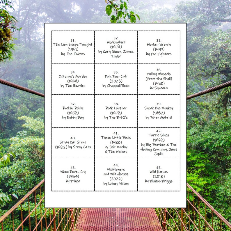 K&ouml;nnte beinhalten: Ein wei&szlig;es Raster mit Songtiteln und K&uuml;nstlern, darunter "The Lion Sleeps Tonight" von The Tokens, "Mockingbird" von Carly Simon und "Monkey Wrench" von Foo Fighters. Der Hintergrund ist verschwommen und nat&uuml;rlich.