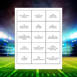 May include: A grid of song titles and artists, including "Don't Stop the Music" by Rihanna, "Express Yourself" by Madonna, and "Lose Yourself" by Eminem. The text is in a white font on a black background, with a green and blue background.