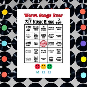 Worst Songs Ever Music Bingo with Popular Songs from the 60s, 70s, 80s, 90s, and 2000s, Spotify® Playlist & 30 Bingo Cards Included