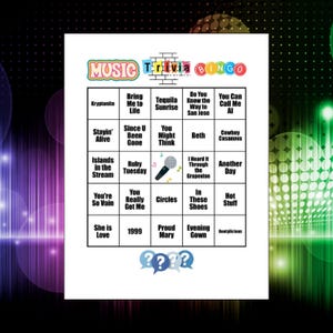 May include: A white Music Trivia Bingo game card featuring a grid of song titles in black text. The header displays colorful text and the center square contains a microphone icon. Three blue question mark speech bubbles appear at the bottom.
