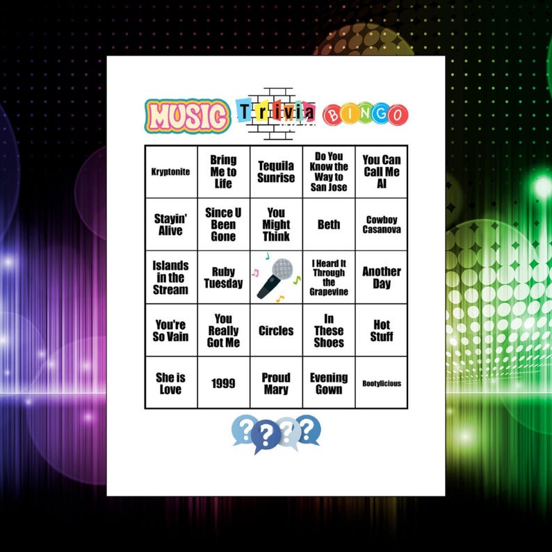 May include: A white Music Trivia Bingo game card featuring a grid of song titles in black text. The header displays colorful text and the center square contains a microphone icon. Three blue question mark speech bubbles appear at the bottom.