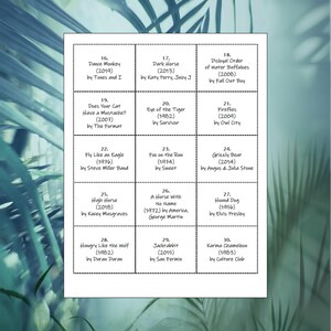 K&ouml;nnte beinhalten: Ein wei&szlig;es Blatt mit einem Raster aus Songtiteln und K&uuml;nstlern. Das Raster enth&auml;lt Titel wie "Dance Monkey", "Dark Horse" und "Eye of the Tiger". Das Bild befindet sich auf einem hellblauen Hintergrund.