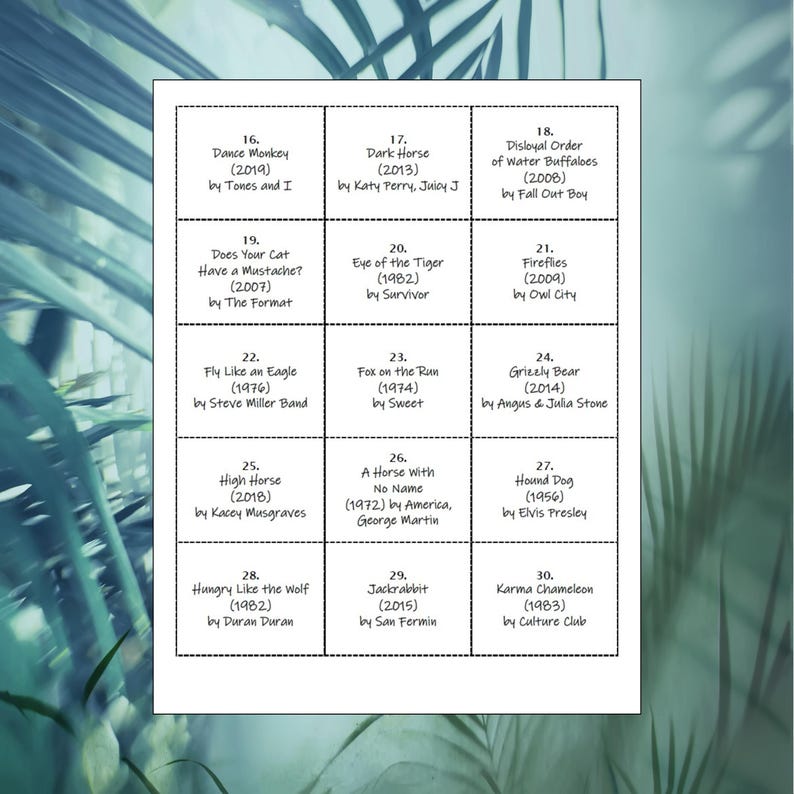 K&ouml;nnte beinhalten: Ein wei&szlig;es Blatt mit einem Raster aus Songtiteln und K&uuml;nstlern. Das Raster enth&auml;lt Titel wie "Dance Monkey", "Dark Horse" und "Eye of the Tiger". Das Bild befindet sich auf einem hellblauen Hintergrund.