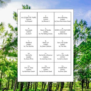 K&ouml;nnte beinhalten: Ein wei&szlig;es Raster mit Songtiteln und K&uuml;nstlern, darunter "Beast of Burden" von The Rolling Stones, "Butterfly" von Jason Mraz und "Cats Vs. Dogs" von Matthew Sweet. Der Hintergrund ist ein verschwommenes Bild von B&auml;umen.