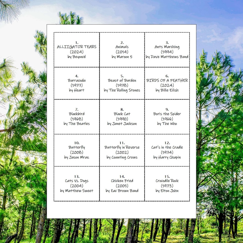 K&ouml;nnte beinhalten: Ein wei&szlig;es Raster mit Songtiteln und K&uuml;nstlern, darunter "Beast of Burden" von The Rolling Stones, "Butterfly" von Jason Mraz und "Cats Vs. Dogs" von Matthew Sweet. Der Hintergrund ist ein verschwommenes Bild von B&auml;umen.