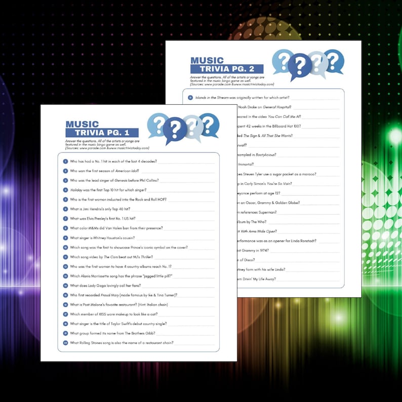 May include: Two white sheets of paper featuring music trivia questions labeled Music Trivia Pg. 1 and Music Trivia Pg. 2. Each page includes a blue header, a list of numbered questions with blank lines for answers, and blue speech bubble icons with question marks.
