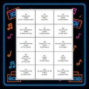 Pu&ograve; includere: Un quadrato nero con un bordo blu neon, con una griglia di titoli di canzoni e artisti. I titoli includono "Nobody Knows", "Open Arms" e "Party All the Time". Note musicali e illustrazioni di musicassette decorano lo sfondo.