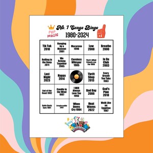 May include: A colorful bingo card titled "No. 1 Songs Bingo 1980-2024" with a Pop Music logo. The card features a grid of popular song titles and years, including "Tik Tok 2010" and "Macarena 1996". A fun game for music lovers.