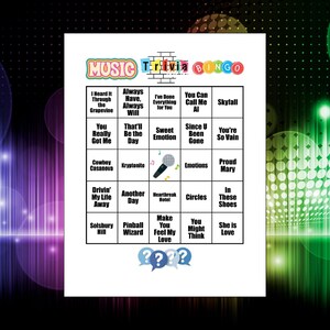 May include: A white Music Trivia Bingo game card featuring a grid of song titles in black text. The header displays colorful text, and the center square contains a graphic of a microphone with musical notes. Three blue question mark icons appear at the bottom.