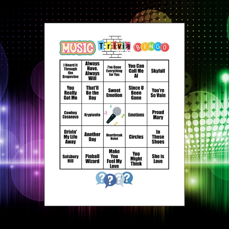 May include: A white Music Trivia Bingo game card featuring a grid of song titles in black text. The header displays colorful text, and the center square contains a graphic of a microphone with musical notes. Three blue question mark icons appear at the bottom.