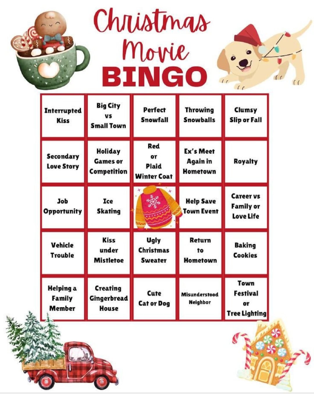 Christmas Movie Bingo Cards, Holiday Movie Bingo, Holiday Romance Movie ...