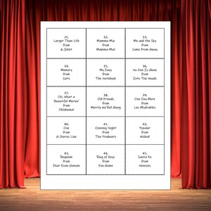 May include: A white sheet featuring a grid of musical theatre song titles, such as "Larger Than Life," "Mamma Mia," and "Popular." The sheet is set against a backdrop of red curtains.