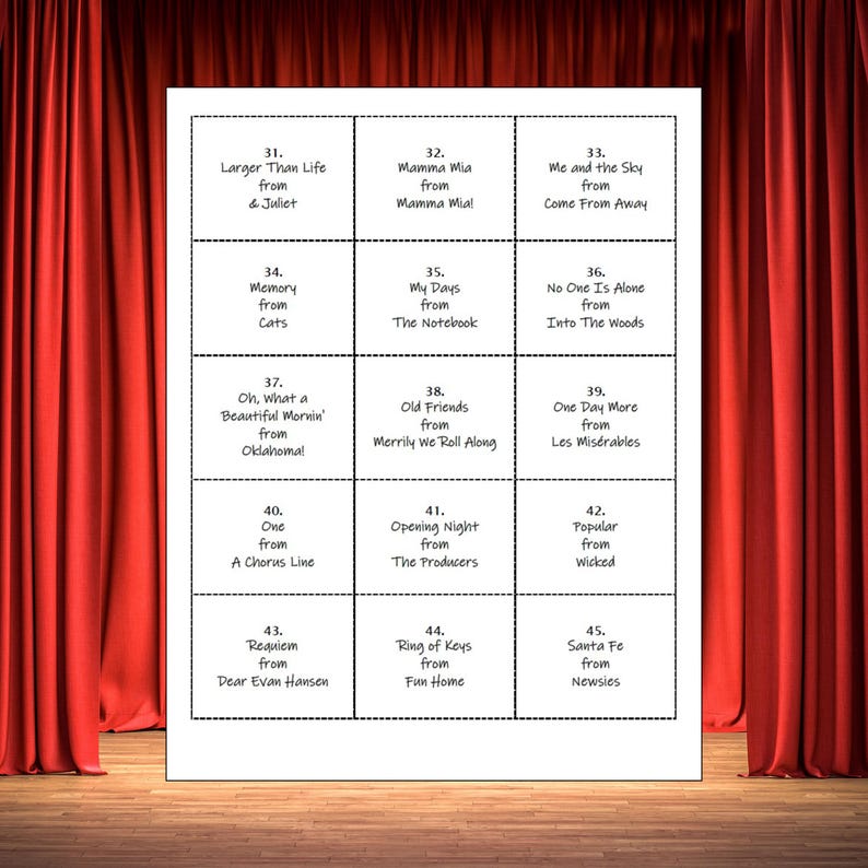 May include: A white sheet featuring a grid of musical theatre song titles, such as "Larger Than Life," "Mamma Mia," and "Popular." The sheet is set against a backdrop of red curtains.