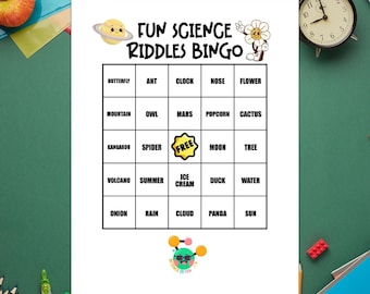 Bingo divertido con acertijos científicos, bingo para aulas de primaria descargable e imprimible