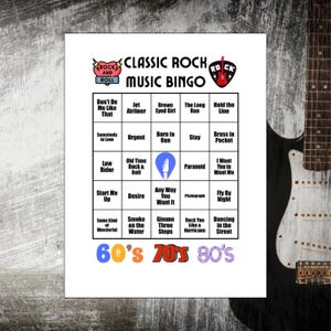Classic Rock Music Bingo with 60s, 70s and 80s Songs, Spotify® Playlist, Song Cards & 25 Bingo Cards Included, Musical Bingo Game for Party