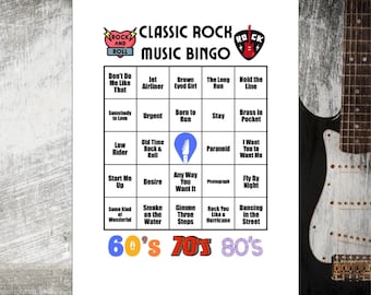 Juego de bingo de música rock clásica, lista de reproducción de Spotify®, 25 cartones