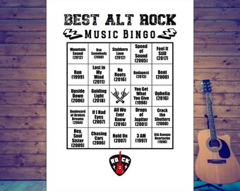 Bingo di musica rock alternativa, playlist Spotify®, 60 carte canzoni e 30 carte gioco incluse