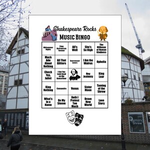 May include: A white "Shakespeare Rocks Music Bingo" game board with various play spaces. The game board features Shakespearean play titles and character names. The background shows a building and a construction crane.