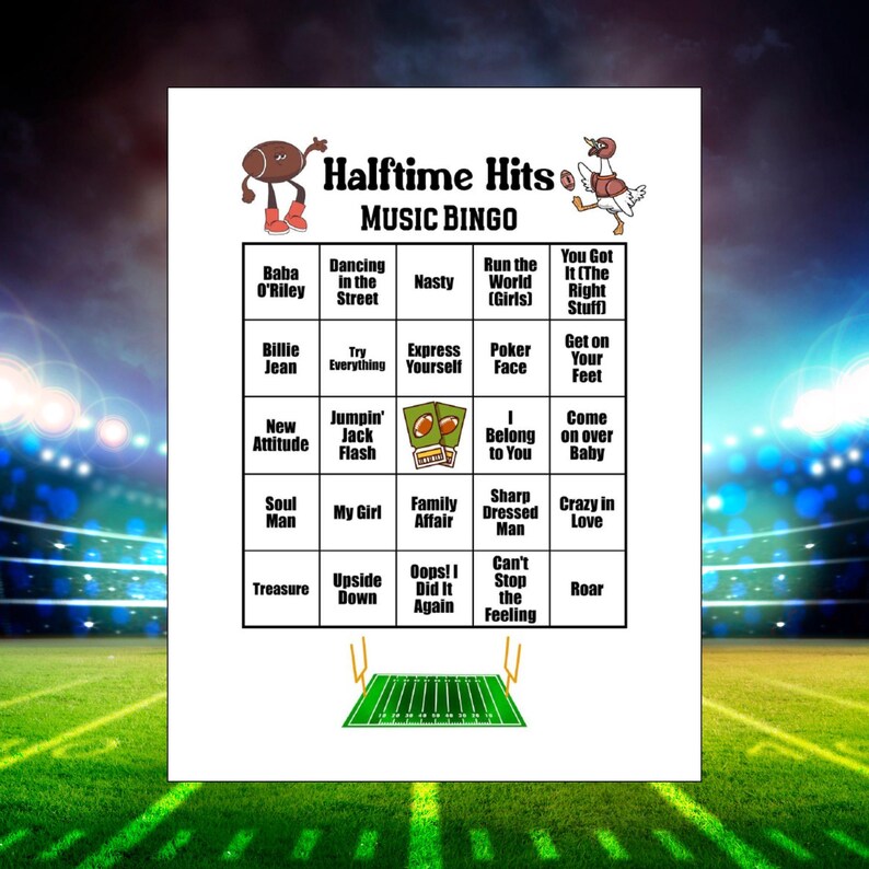 May include: A white sheet of paper with a "Halftime Hits Music Bingo" game. The bingo card features song titles like "Billie Jean" and "Crazy in Love." The background is a football field.