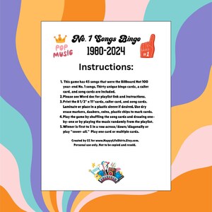 May include: A white sheet with the text "No. 1 Songs Bingo 1980-2024" and instructions for playing. The game includes 45 songs, bingo cards, and caller cards. The Pop Music logo and a foam finger are also visible.