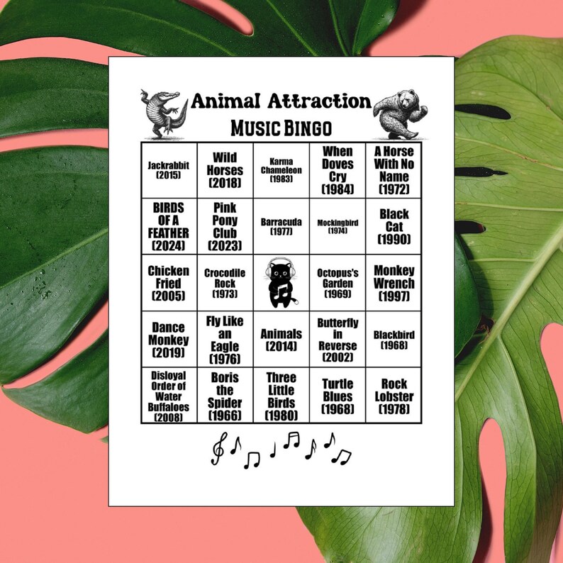 K&ouml;nnte beinhalten: Ein wei&szlig;es Blatt mit dem Titel "Animal Attraction MUSIC BINGO" und einem Raster von tierischen Songtiteln und Jahren. Enth&auml;lt Illustrationen von Tieren wie einem Jackrabbit, einem Pferd und einem B&auml;ren. Noten sind unten.