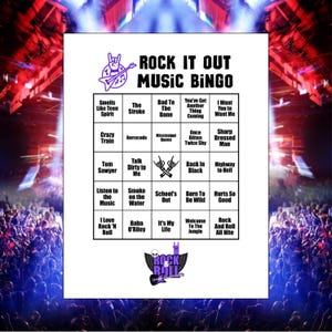 Puede incluir: Una tarjeta de bingo blanca con el texto "ROCK IT OUT MUSIC BINGO" en negro y morado. La tarjeta presenta una cuadr&iacute;cula de t&iacute;tulos de canciones como "Crazy Train" y "Highway to Hell", con un tema de rock and roll.