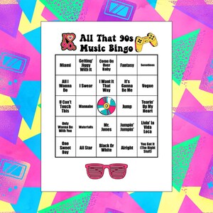 May include: A printable 90s music bingo card with a pink heart and a game controller graphic. The card has a 5x5 grid with song titles from the 90s, such as "Miami", "Wannabe", "Jump", "Livin' la Vida Loca", and "You Got It (The Right Stuff)".