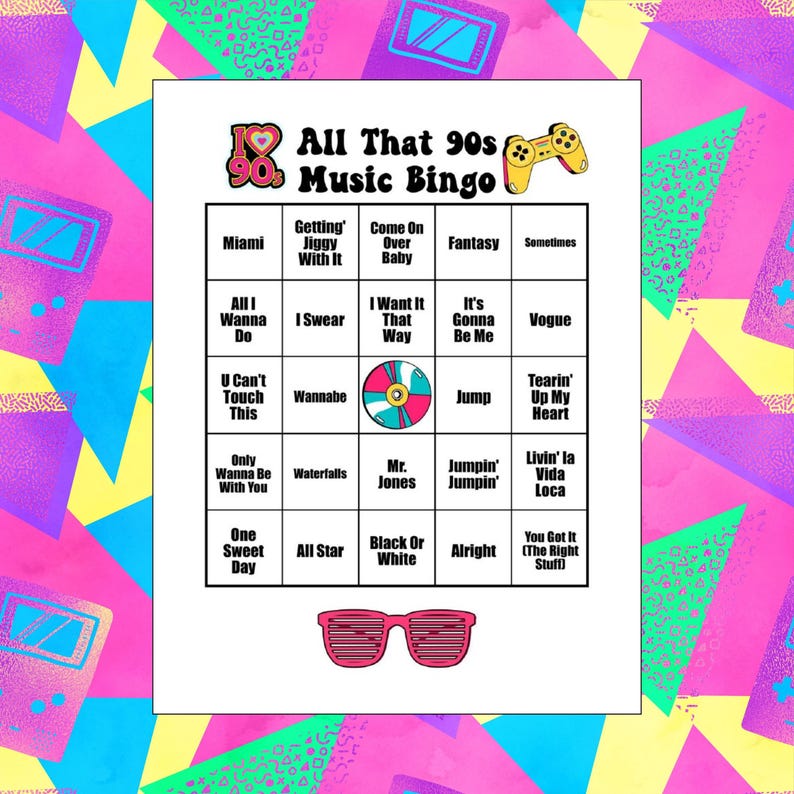 May include: A printable 90s music bingo card with a pink heart and a game controller graphic. The card has a 5x5 grid with song titles from the 90s, such as "Miami", "Wannabe", "Jump", "Livin' la Vida Loca", and "You Got It (The Right Stuff)".
